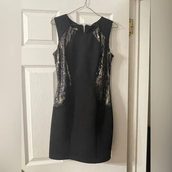 Black Bodycon Sleeveless Party Dinner Dress with Black and Gold Sequins - Picture 3 of 3